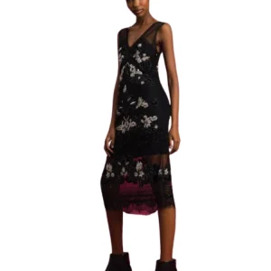 TWINSET ABITO IN TOULLE PLUMETIS CON RICAMI FLOREALI 192TT2042 NERO