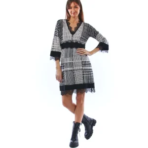 TWINSET ABITO CORTO DA DONNA IN MAGLIA STAMPATO PIZZO 212TT3241 NEVE NERO