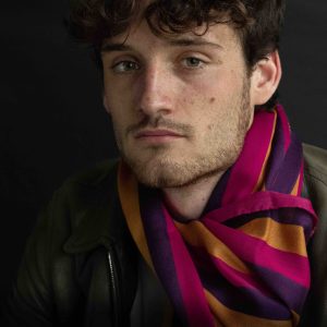 Sciarpa pura Lana stampata righe Viola, Fuxia, Oro Cod 404