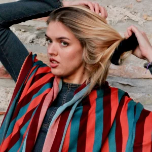 Stola pura Lana stampata riga colore Rosso, Arancione, Petrolio Cod 466