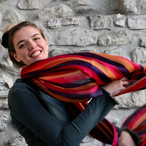 Stola pura Lana stampata righe Viola, Fuxia, Oro cod 467