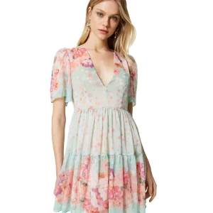 TWINSET ABITO CORTO IN CREPONNE A FIORI E STELLE 231TP2732 ROSA AZALEA VERDE