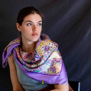 Foulard cm 90x90 Pura Seta disegno Paisley Hippy colore Lilla Cod 553