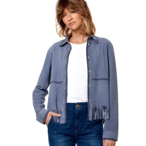 BULLY GIACCA CAMICIA CON FRANGE IN PELLE SCAMOSCIATA 7827 AZZURRO POLVERE