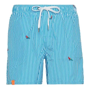 SUN68 BEACH PANTALONCINI DA MARE A RIGHE CON STAMPA H33120 BIANCO TURCHESE