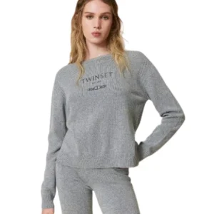 TWINSET MAGLIA MISTO LANA CON LOGO A RICAMO 242TP3800 GRIGIO