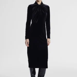 Abito midi con nodo frontale e maniche lunghe