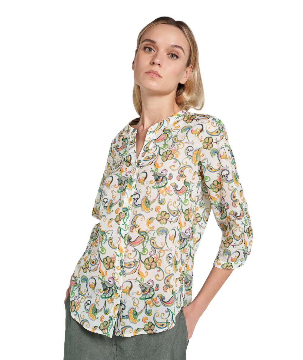 Mondrian Venezia Camicia Coreana Scollo V in Mussola di Cotone a Fantasia Paisley Multicolore - immagine 2
