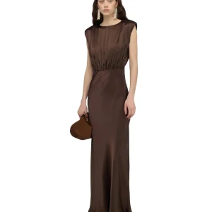 Semicouture Abito Lungo in Raso con Apertura Casilda Y6SM32 Marrone