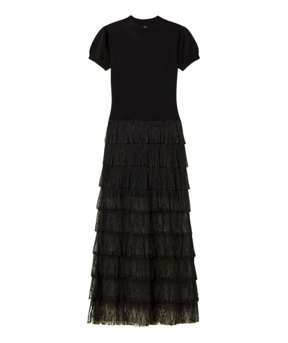 Twinset Abito Lungo in Maglia e Balze di Tulle in Pizzo 261TP3163 Nero - immagine 6