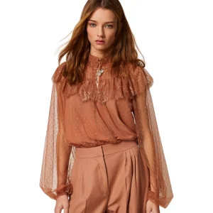 Twinset Blusa in Tulle Plumetis e Volant in Pizzo 261TP2772 Marrone
