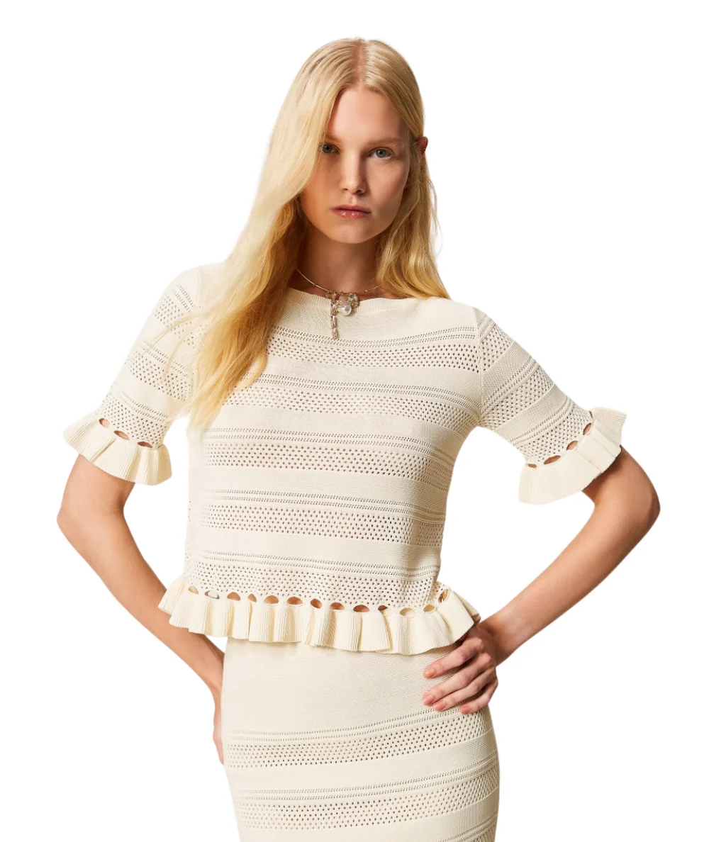 Twinset Maglia in Viscosa a Motivo Traforato e Volant 261TP3082 Bianco - immagine 2