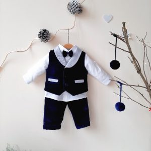 Completo 3 pezzi neonato velluto blu