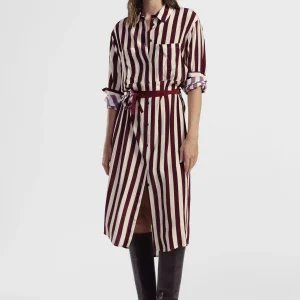 Abito midi a righe con cintura e fiore